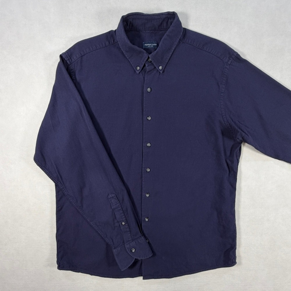 Proper Cloth Mens Large GIRO Cotton Weave Button Down Shirt Navy Blue Textured